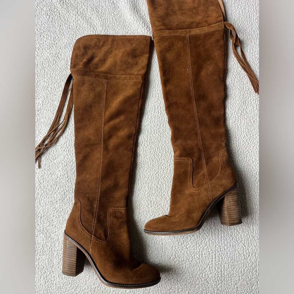 Franco Sarto Womens Elnora Cognac Suede Heeled Over The Knee Boots